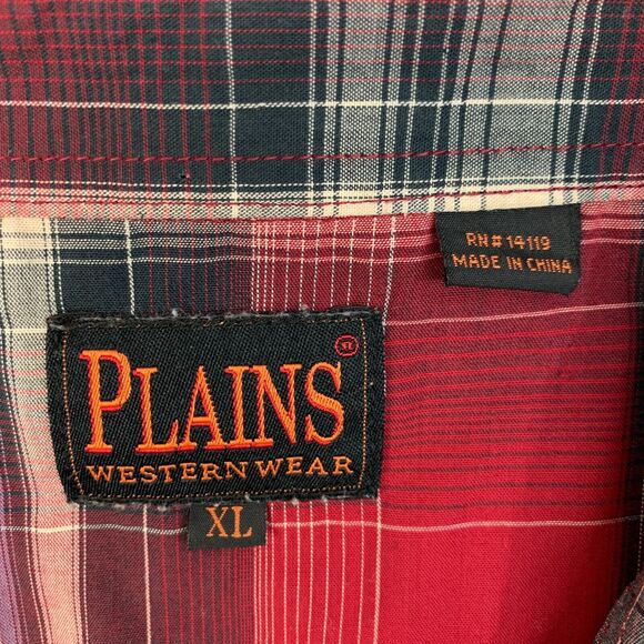Plains Westernwear Shirt Mens XL Extra Large Red Snap Button Plaid Lightweight - Picture 5 of 12